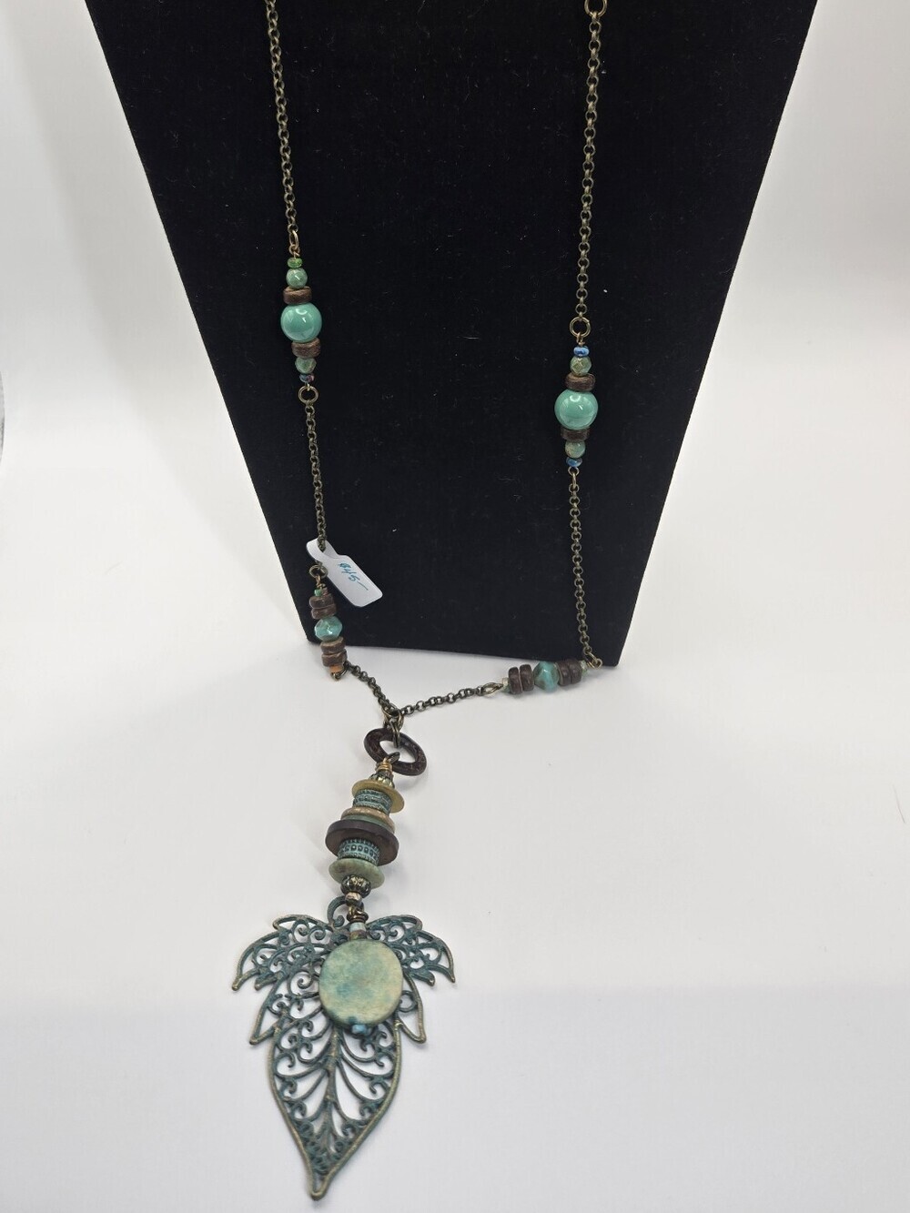 Large Leaf Necklace Shades Of Green Glass & Wood Beads Long Artisan Made